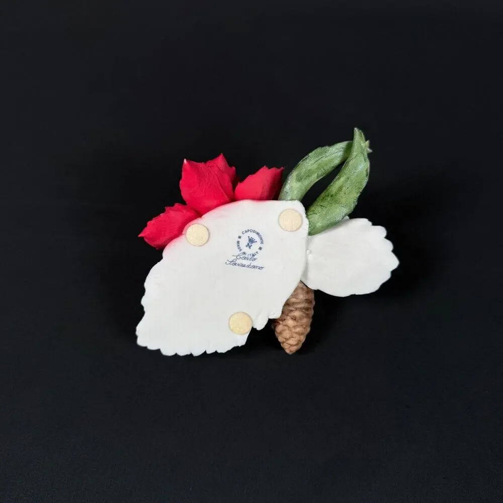 Capodimonte Porcelain Flower Red Poinsettia Pine Cone White and Green Leaves